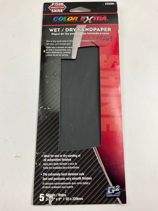 Pack Of 5 Color Extra CX8269 WET/DRY Sandpaper Sheets 1500 Grit Shine 3-2/3''X9''
