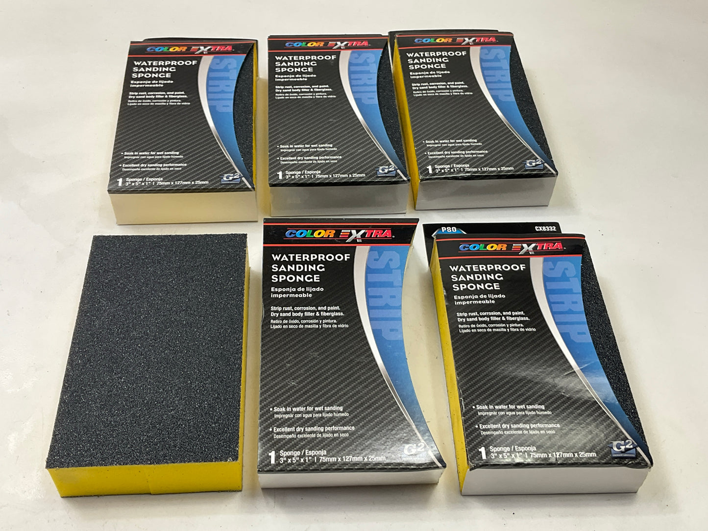 (5) PACK - Color Extra CX8332 Waterproof Sanding Sponge, 3''x5'', 80 GRIT