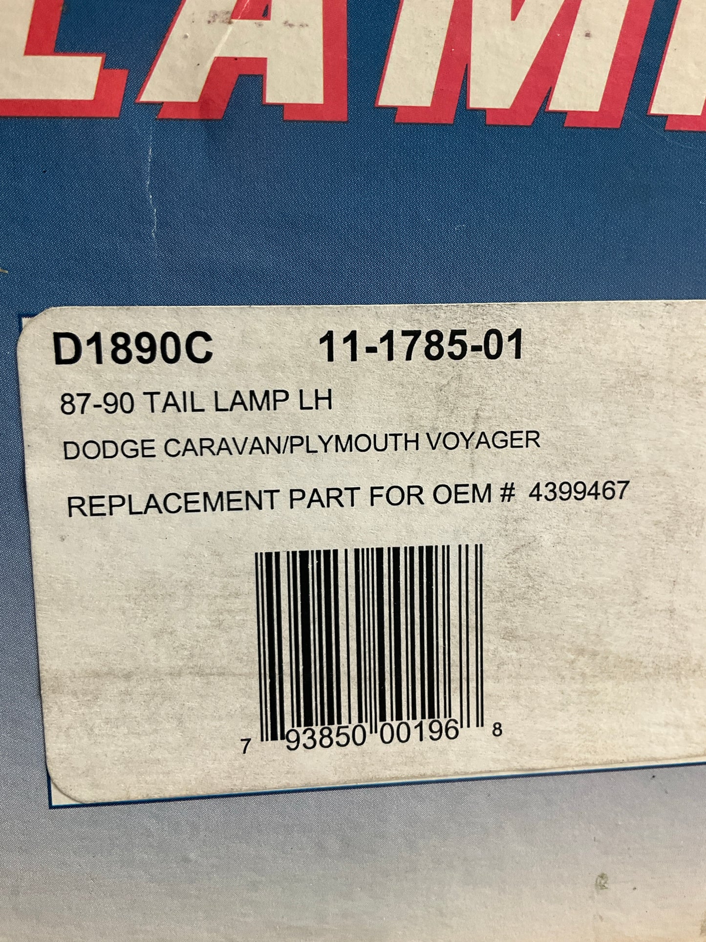 CPE D1890C Left Tail Light Lamp For 1987-1990 Dodge Caravan