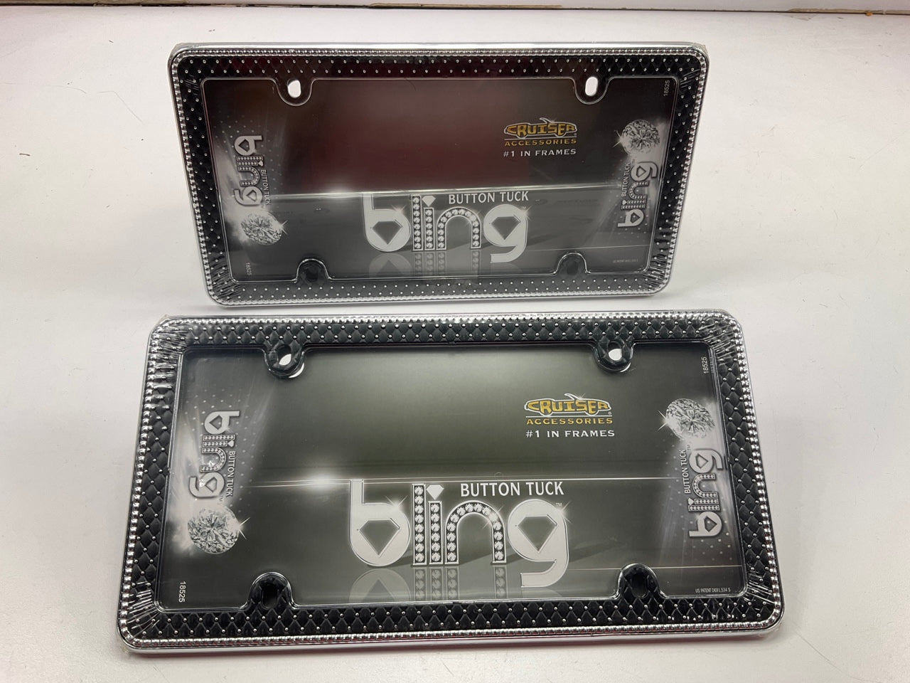 (2) Cruiser 18525 Button Tuck Bling License Plate Frame, Chrome / Black / Clear