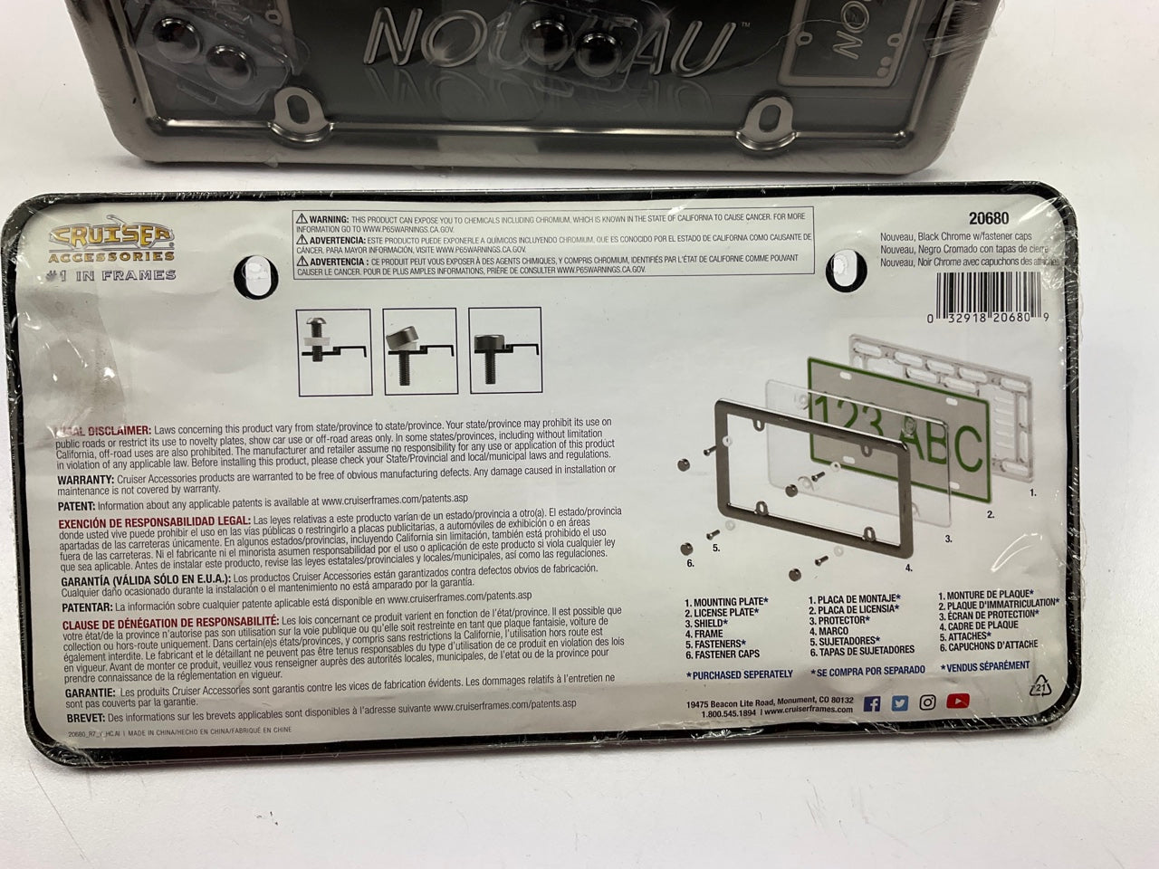 (2) Cruiser 20680 Nouveau License Plate Frame, Black Chrome W/ Fastener Caps