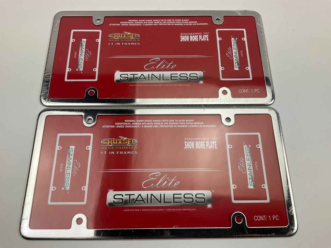 (2) Cruiser 21010 UNIVERSAL Elite Stainless License Plate CHROME Frame