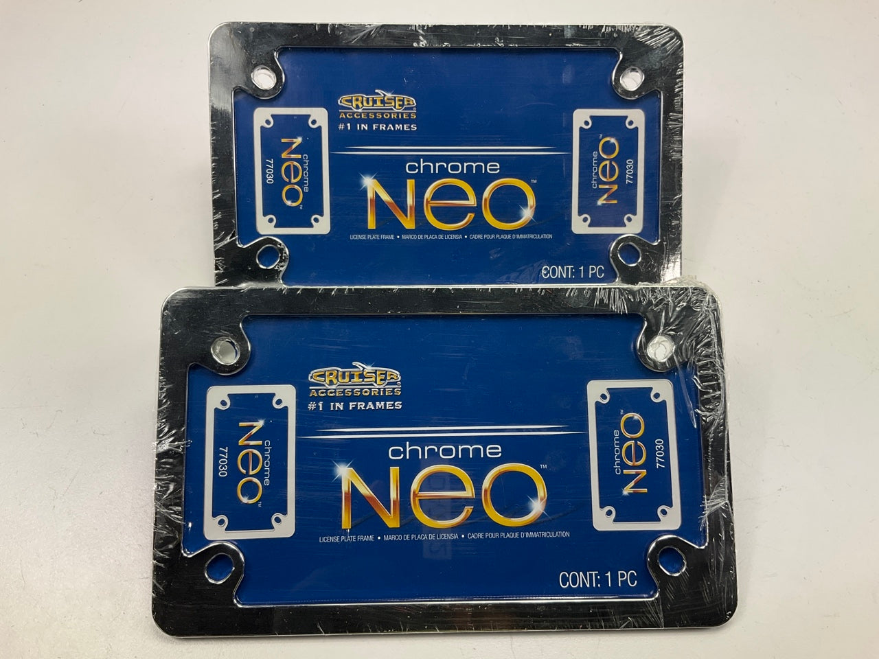 (2) Cruiser 77030 UNIVERSAL Motorcycle License Plate MC NEO CHROME Frame