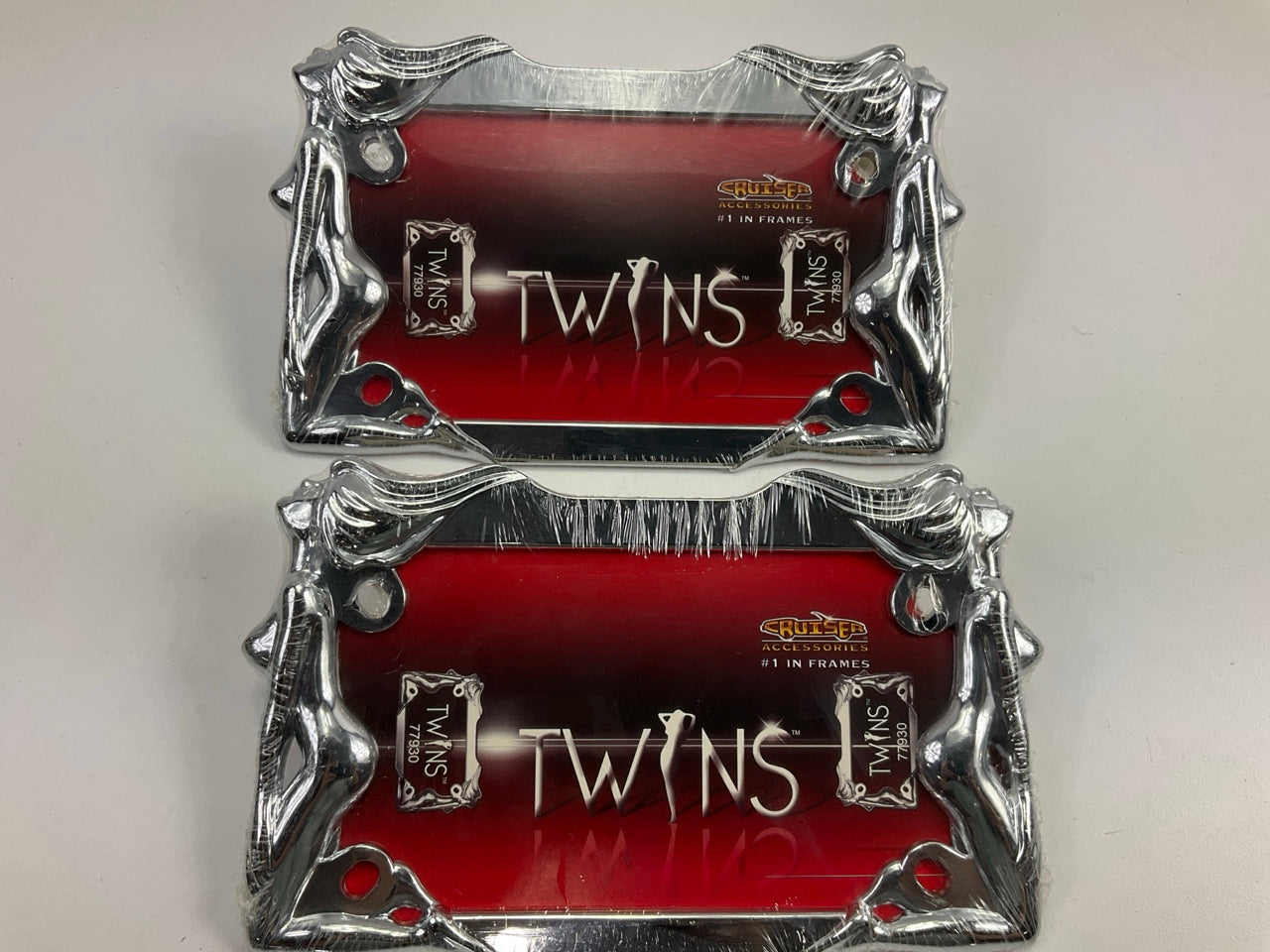 (2) Cruiser 77930 UNIVERSAL Motorcycle License Plate MC Twin CHROME Frames