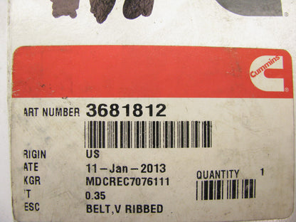 NEW - OEM - Cummins 3681812 Serpentine V-Ribbed Belt