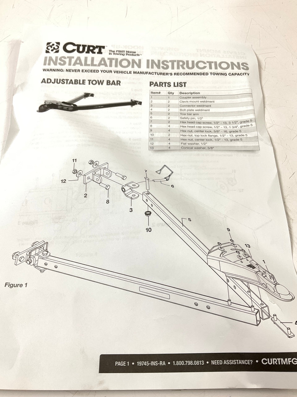 Curt 19745 Universal Tow Bar With 2'' Coupler, 5,000 Lbs, Adjusts 26'' To 40''