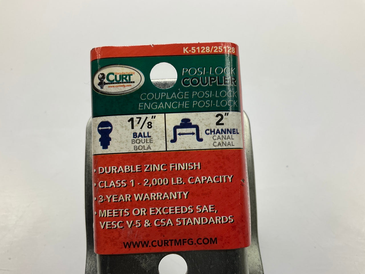 CURT 25128 1-7/8'' Straight-Tongue Coupler With Posi-Lock (2'' Channel, 2K, Zinc)