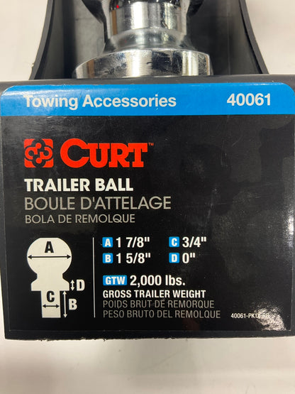 Curt 40061 1-7/8'' Trailer Hitch Tow Ball, 3/4'' X 1-5/8'' Shank, 2,000 Lbs, Chrome