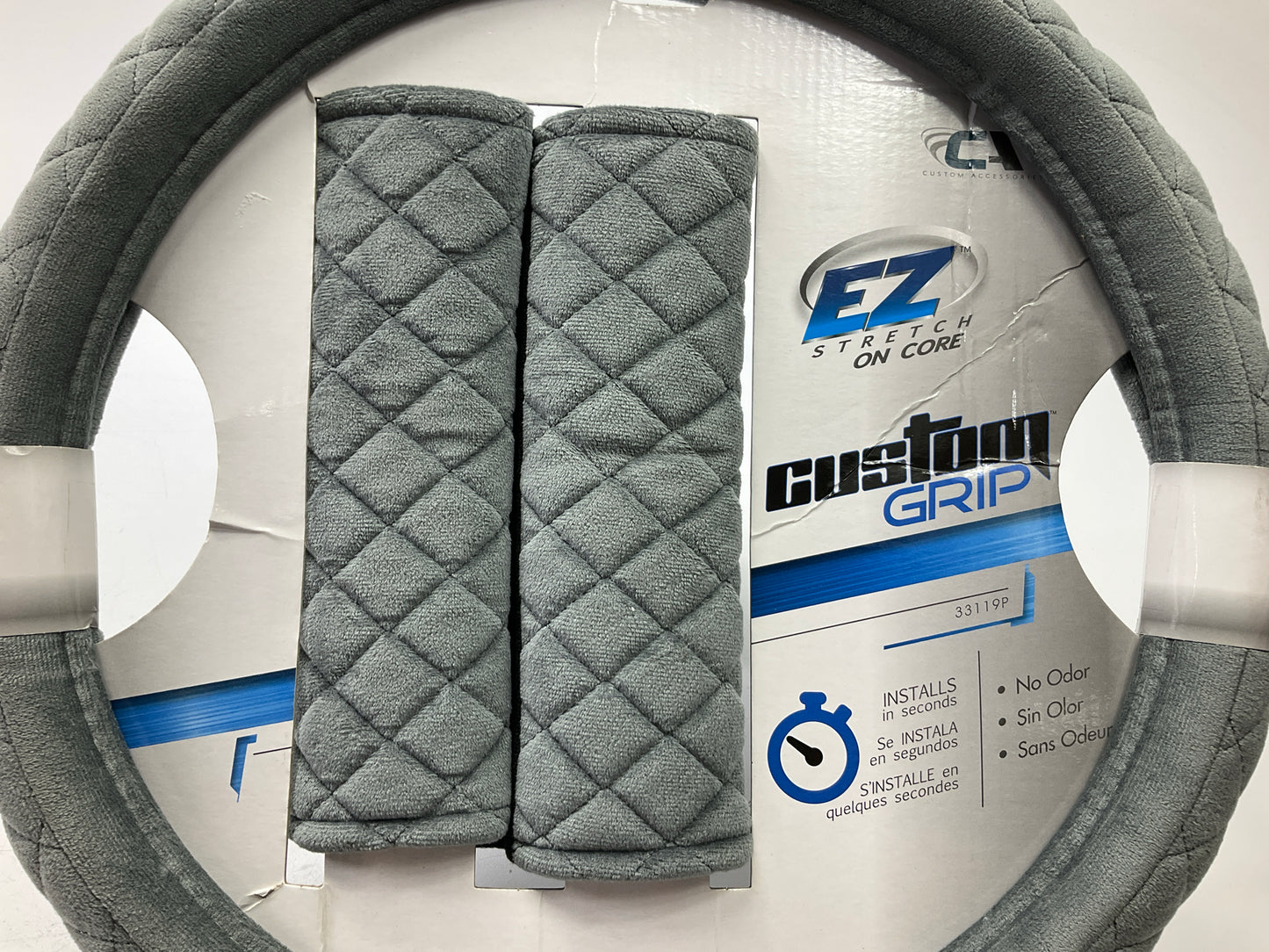 CA 33119P GRAY Steering Wheel Cover 14.5-15.5'' + 2 Seat Belt Pads