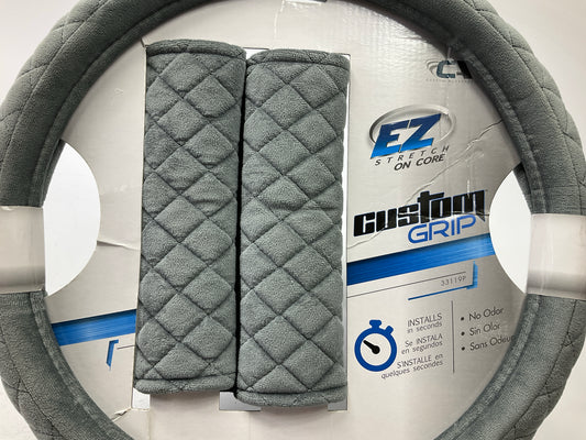 CA 33119P GRAY Steering Wheel Cover 14.5-15.5'' + 2 Seat Belt Pads