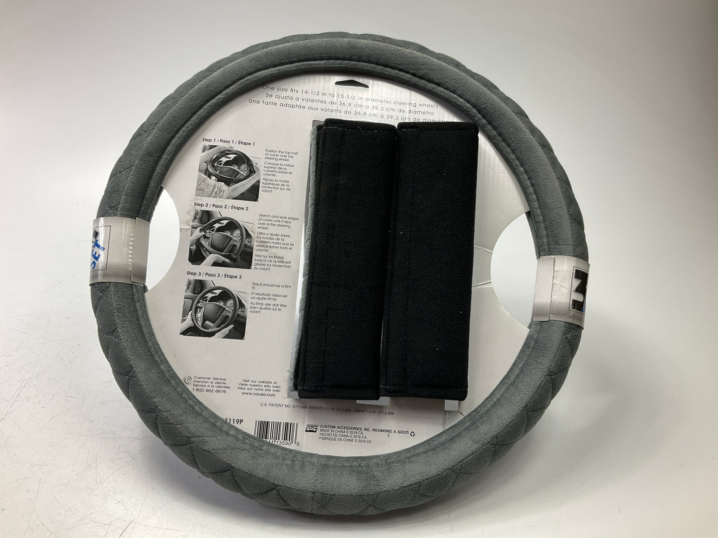 CA 33119P GRAY Steering Wheel Cover 14.5-15.5'' + 2 Seat Belt Pads