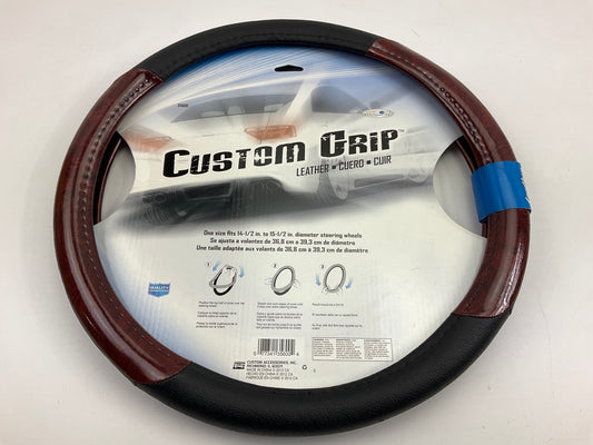 Custom Accessories Black Leather Steering Wheel Cover With Woodgrain Design