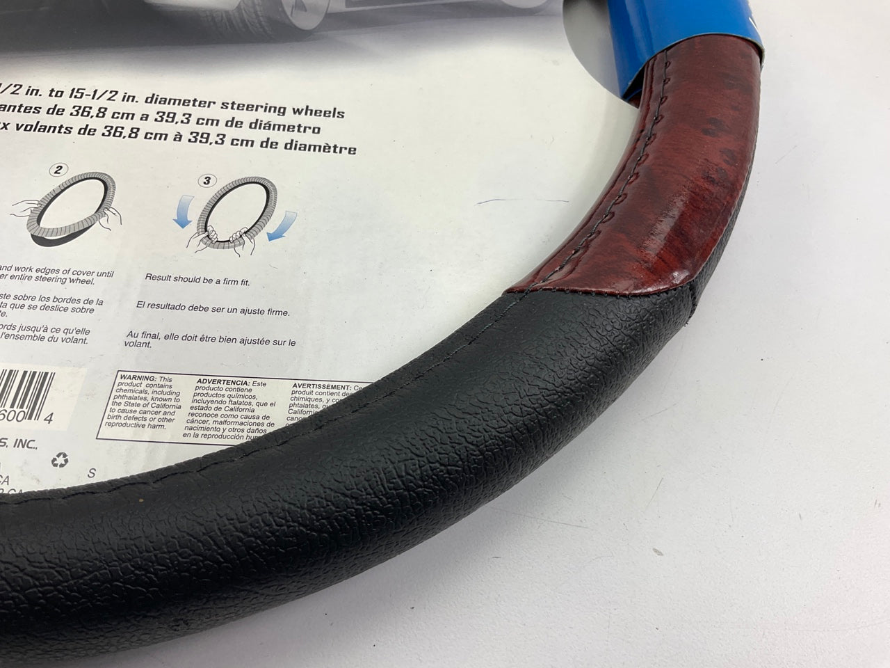 Custom Accessories Black Leather Steering Wheel Cover With Woodgrain Design