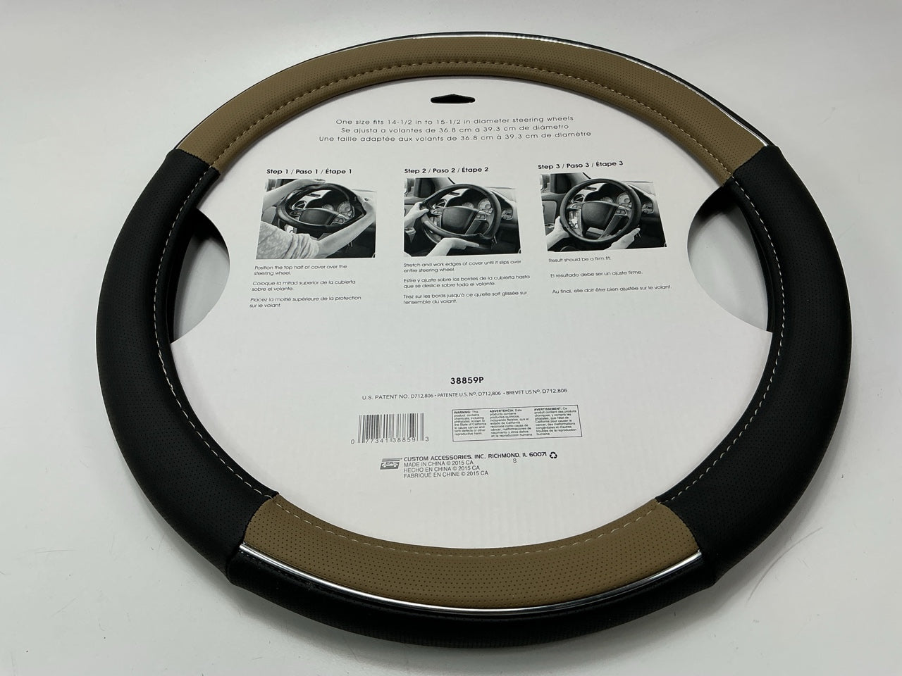 Custom 38859P Black/Tan Steering Wheel Cover - 14.5''-15.5'' Diameter Wheels