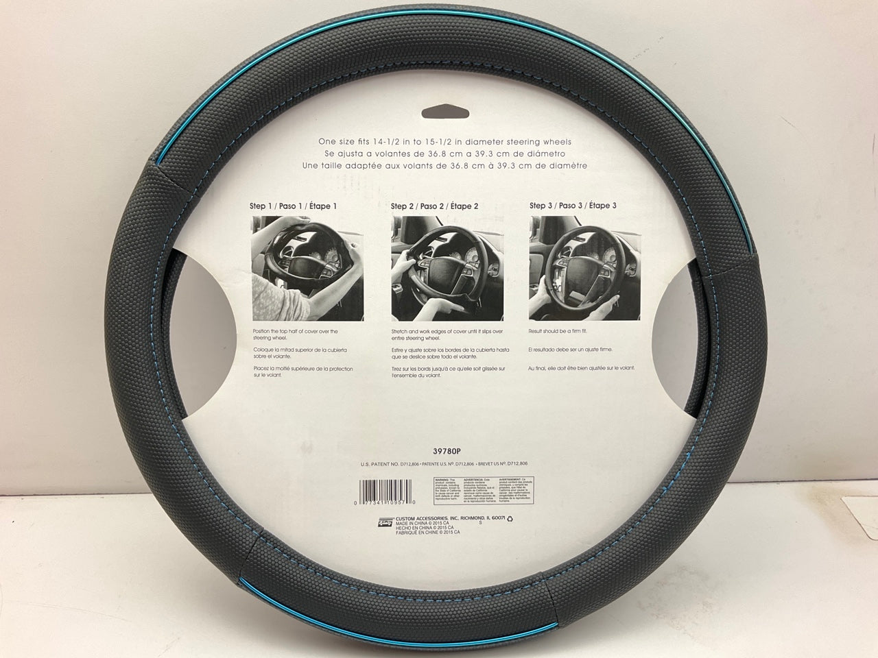 Custom Accessories 39780P - Steering Wheel Cover, Black, Blue 14-1/2''To 15-1/2''