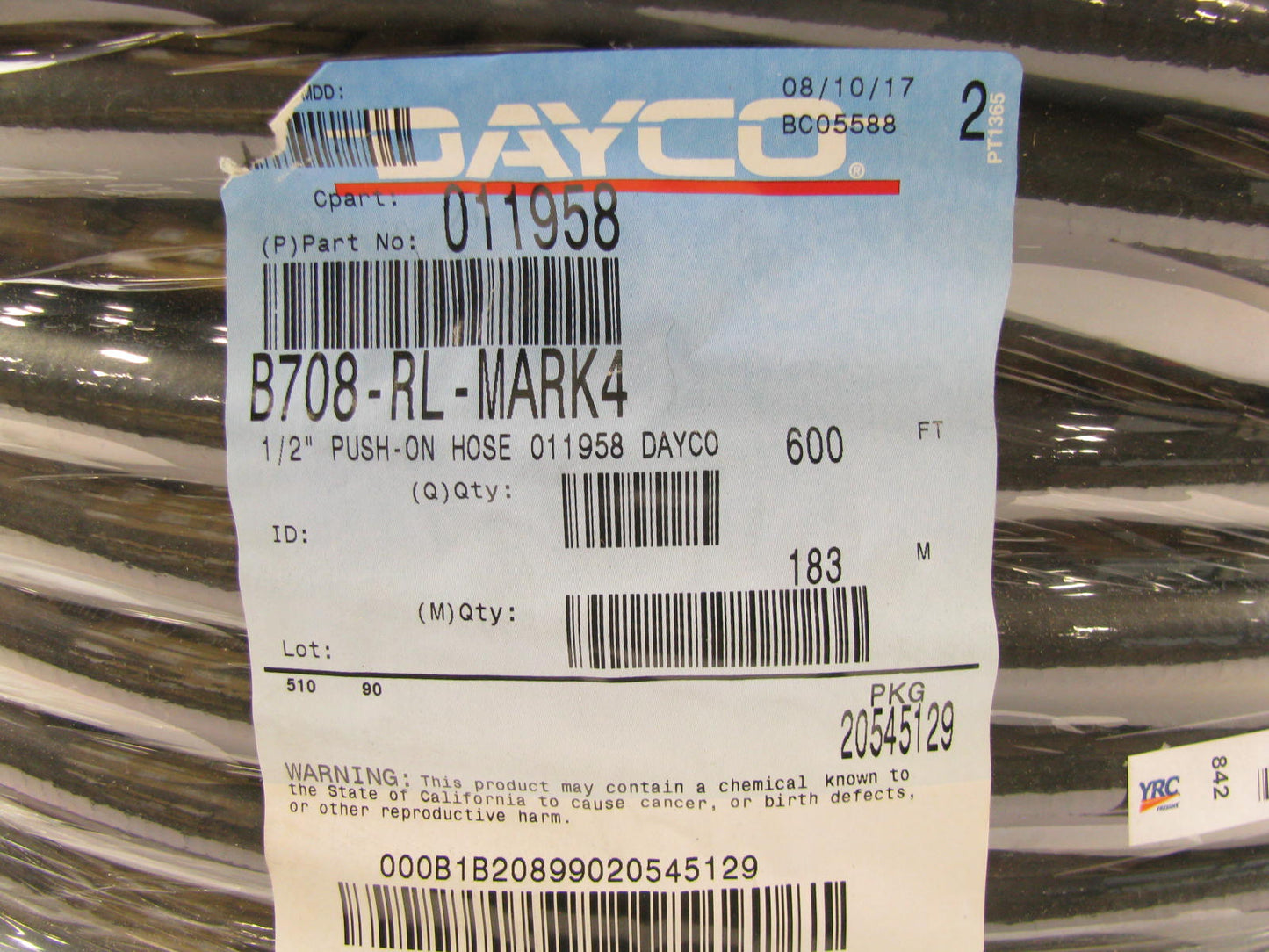600 FEET - Dayco 011958 300 PSI Hydraulic Hose - DB7 Push On - 1/2'' ID X 600'