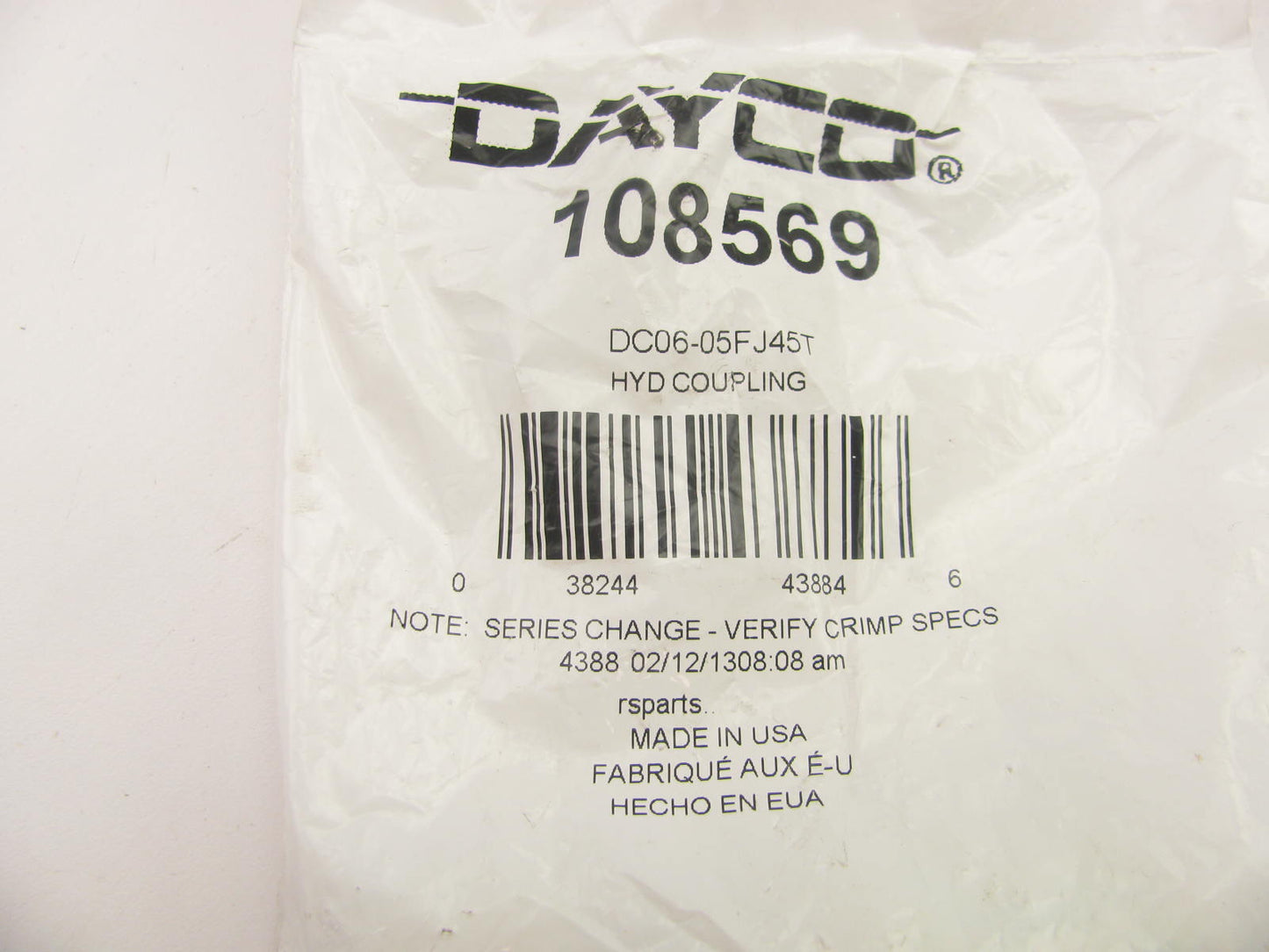 Dayco 108569 Hydraulic Crimp Fitting 45 Female Swivel 37 Flare 3/8'' Hose ID
