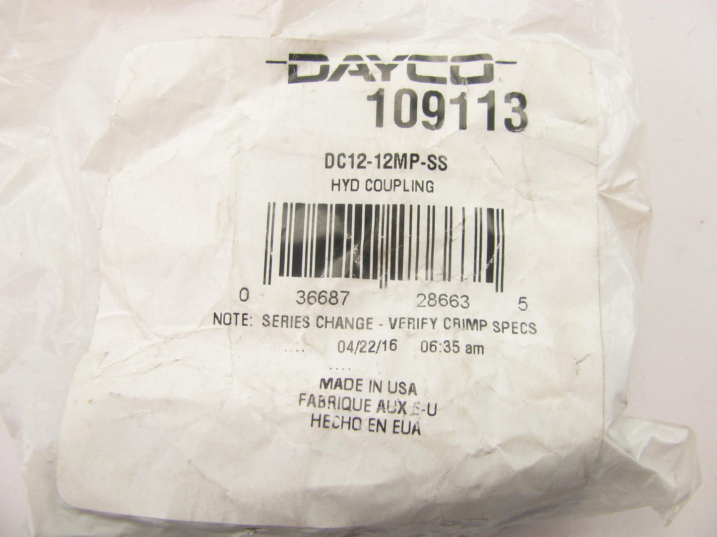 Dayco 109113 Hydraulic Crimp Fitting NPTF Male Stainless Steel 3/4'' Hose