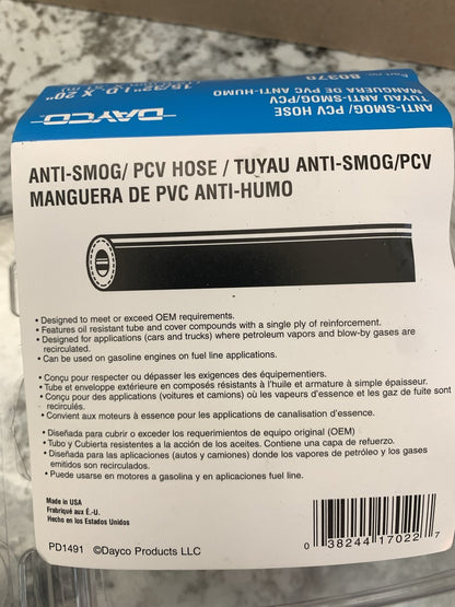 Dayco 80370 Anti-Smog PCV Neck Hose 20'' 15/32'' ID 17/32'' OD 35psi MADE IN USA