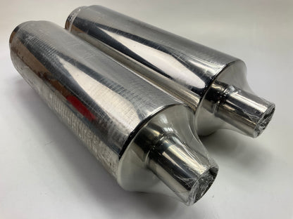 (2) DC Sport EX5012 Stainless Steel Mufflers, Polished Tip 2'' Inlet, 4'' Outlet