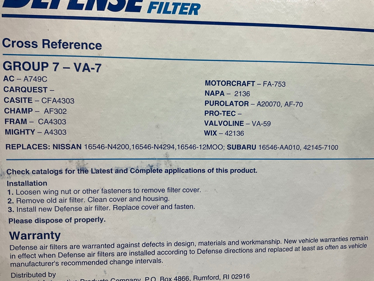 Defense DA4303 Engine Air Filter