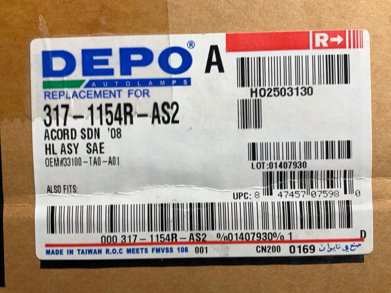 Depo 317-1154R-AS2 Right Headlight Headlamp For 2008-2012 Honda Accord