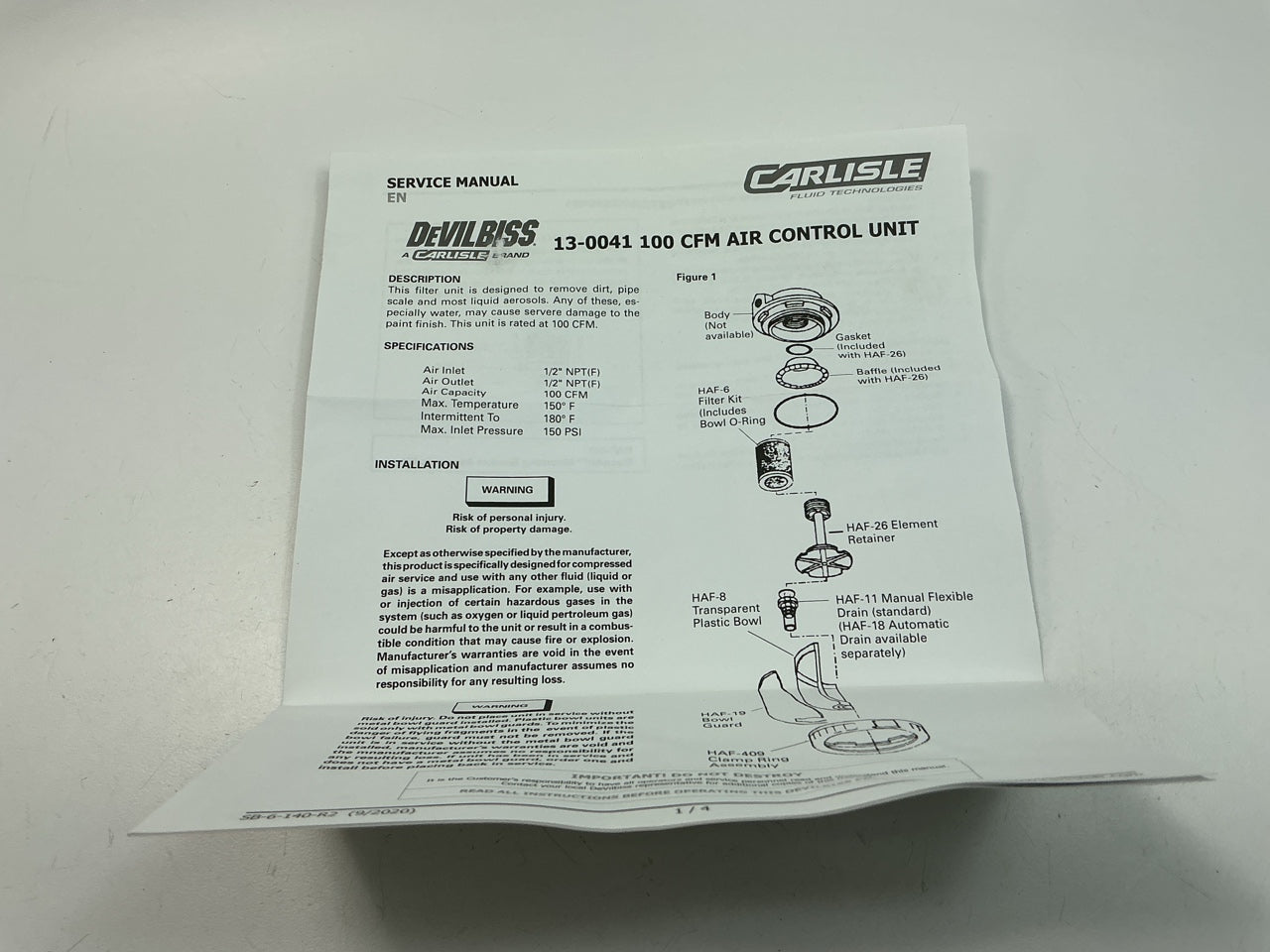 DeVilbiss 130041 Clean Air 100 CFM Air Line Control Unit / Filter