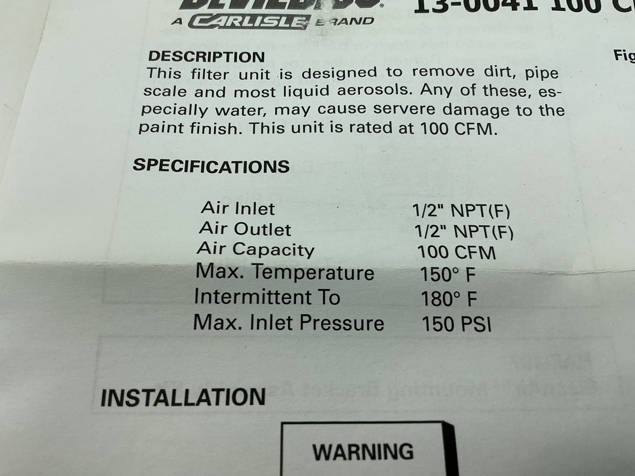 DeVilbiss 130041 Clean Air 100 CFM Air Line Control Unit / Filter