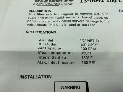 DeVilbiss 130041 Clean Air 100 CFM Air Line Control Unit / Filter