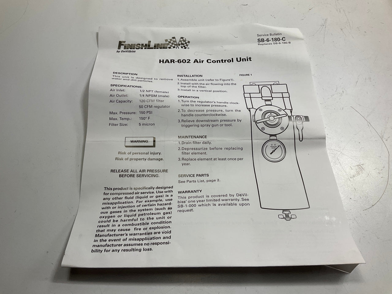 Devilbiss HAR-602 130099  FinishLine 120CFM Air Line Filter W/ 50CFM Regulator