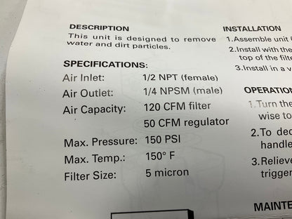 Devilbiss HAR-602 130099  FinishLine 120CFM Air Line Filter W/ 50CFM Regulator