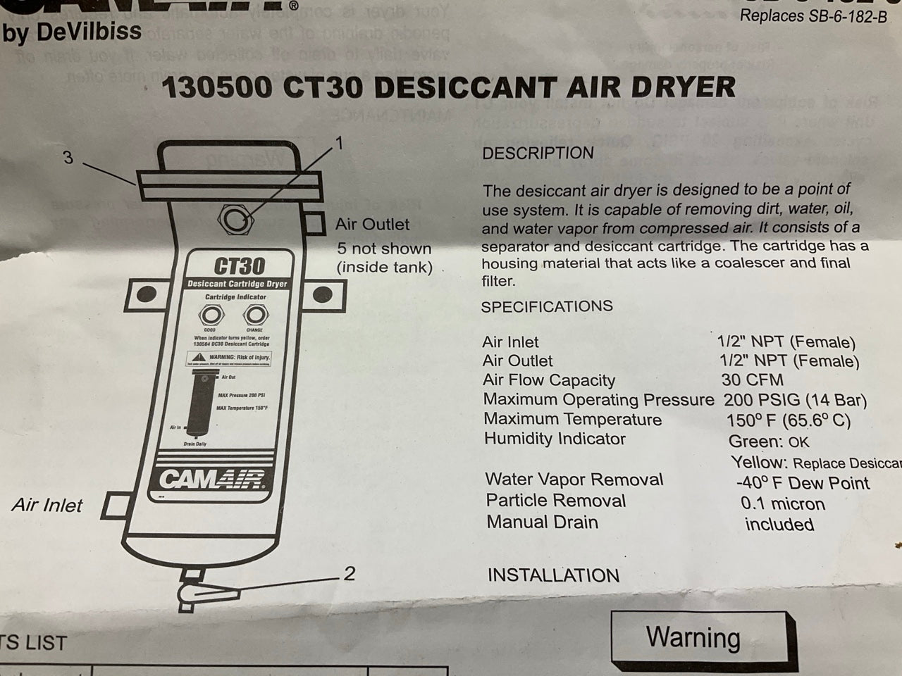 DeVilbiss 130500 CamAir CT30 Series Desiccant Air Dryer/Filter System Wall Mount