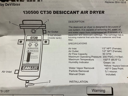 DeVilbiss 130500 CamAir CT30 Series Desiccant Air Dryer/Filter System Wall Mount
