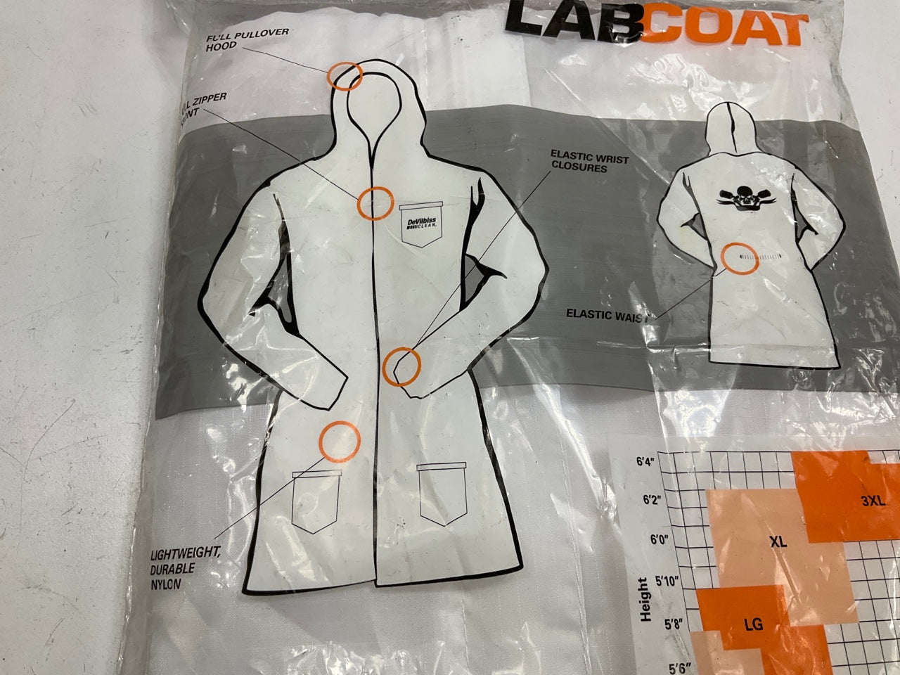 DeVilbiss CLEAN 803665 Hooded White Nylon Lab Coat W/ Elastic Waist (Large)