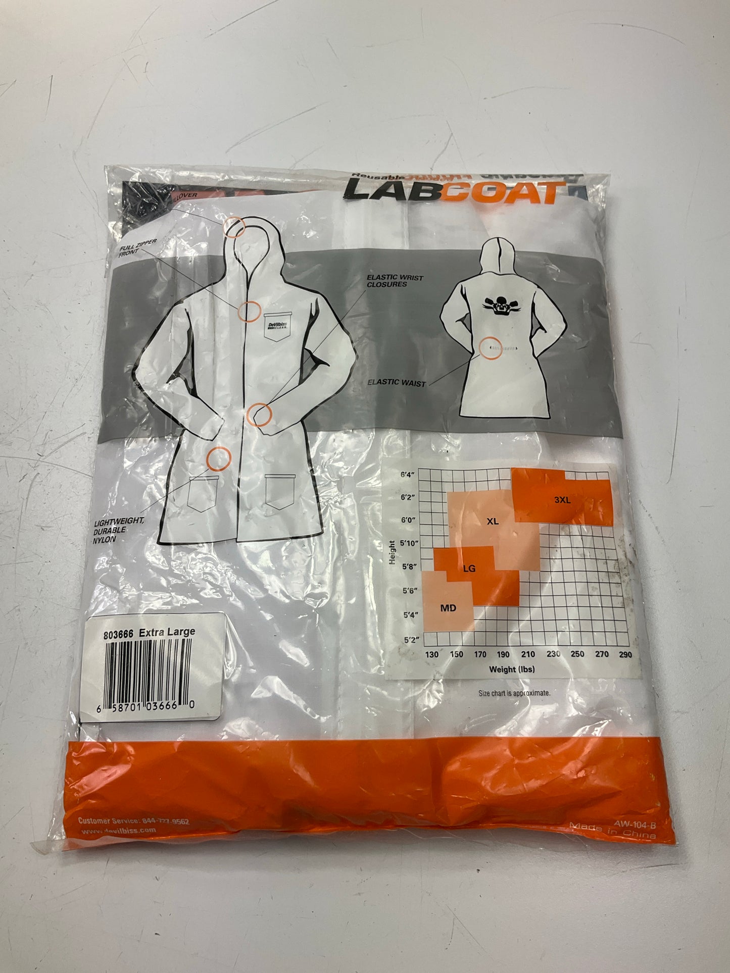 DeVilbiss CLEAN 803666 Hooded White Nylon Lab Coat W/ Elastic Waist (X-Large)