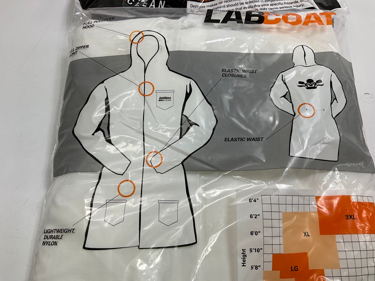 DeVilbiss CLEAN 803667 Hooded White Nylon Lab Coat W/ Elastic Waist (3X-Large)