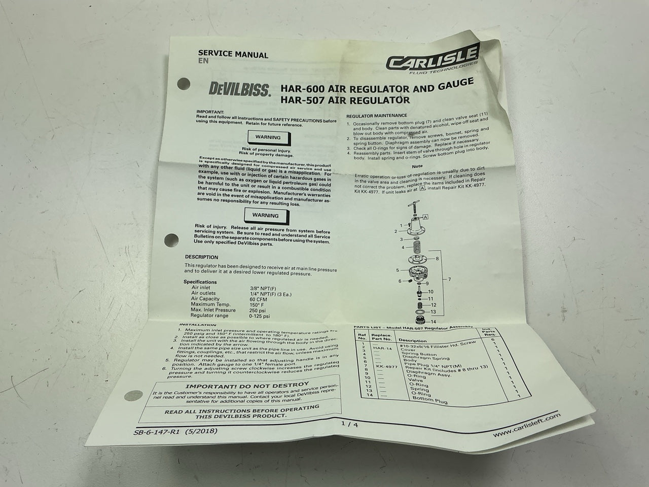 Devilbiss HAR507B HAR-507 Air Regulator With Gauge, Precise Air Pressure Control