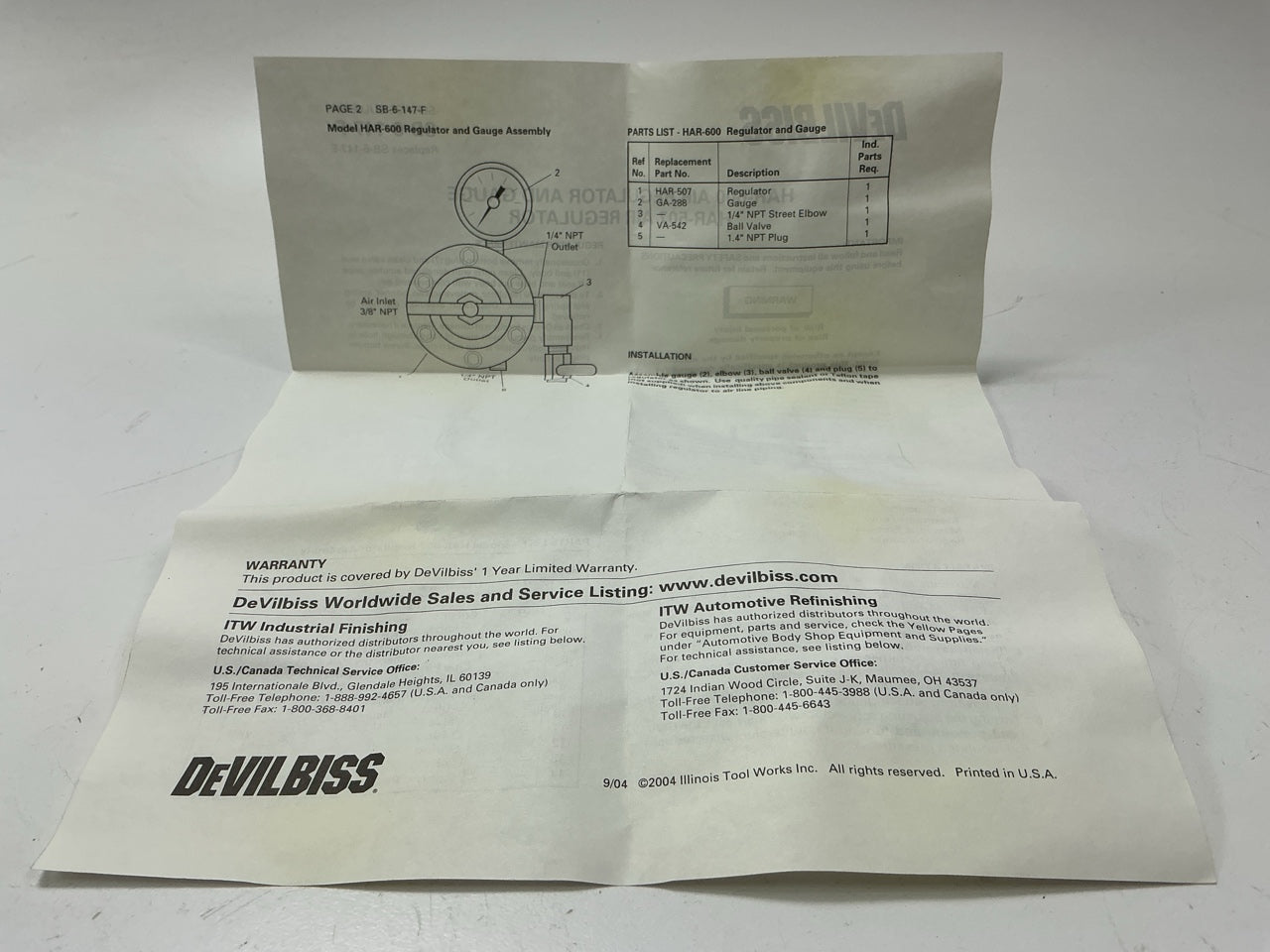NEW DeVilbiss HAR507 60 CFM Air Regulator 0-125 PSI