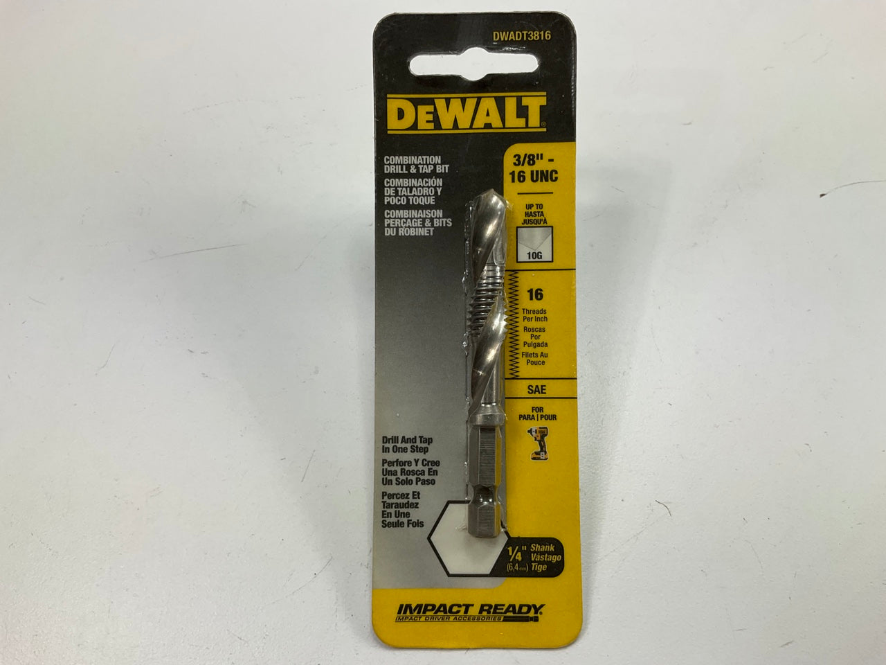 DEWALT DWADT3816 Combination Drill & Tap Bit 3/8'' - 16 UNC, 1/4'' Shank