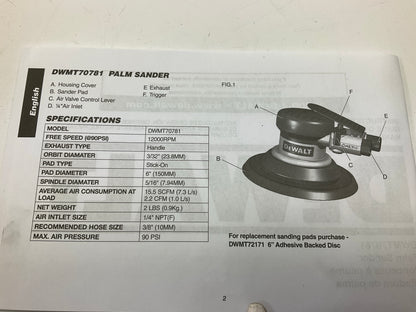 DEWALT DWMT70781 12000 RPM 90 PSI Pneumatic 6'' Palm Sander