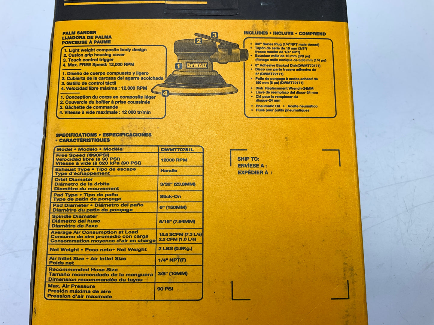 DEWALT DWMT70781 12000 RPM 90 PSI Pneumatic 6'' Palm Sander