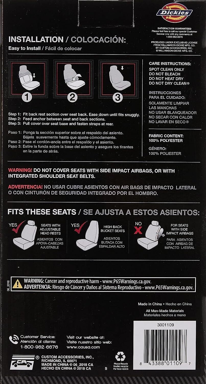 (2) Dickies 3001109 Heavy Duty Water Resistant Seat Protector Covers - Black