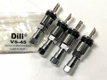 (4) Dill VS45 TPMS Redi-Sensor W/ Chrome Clamp-in Valve Stems W/ Caps