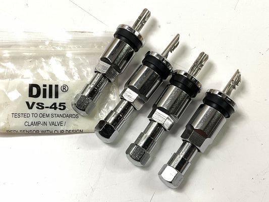 (4) Dill VS45 TPMS Redi-Sensor W/ Chrome Clamp-in Valve Stems W/ Caps