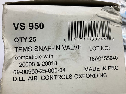 Pack Of 25 - Dill Air Controls VS-950 Snap-In TPMS Rubber Valve Stem