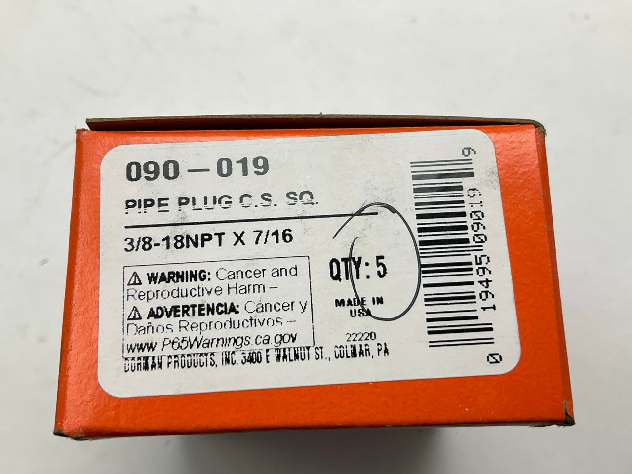 (5) Dorman 090-019 Pipe Plug C.S. Square 3/8-18 NPT, Head Size 5/16''