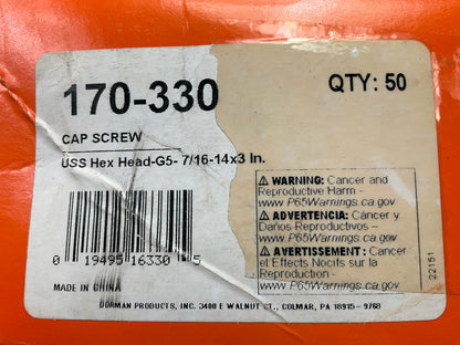 48 Pcs - Dorman 170-330 Cap Screw Bolts Hex Head, Grade 5, 7/16-14 X 3''