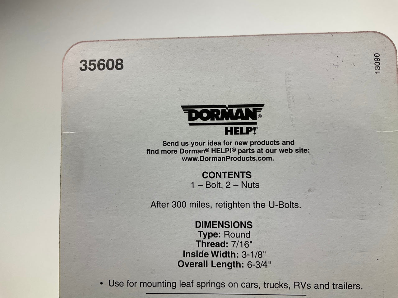 Dorman 35608 U-Bolt Spring Kit - 7/16'' Thread X 6- 3/4'' X 3-1/8, Round