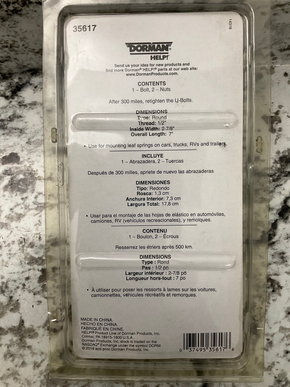(2) Dorman 35617 U-Bolt Leaf Spring Kits  1/2''-20, 7'', 2-7/8''