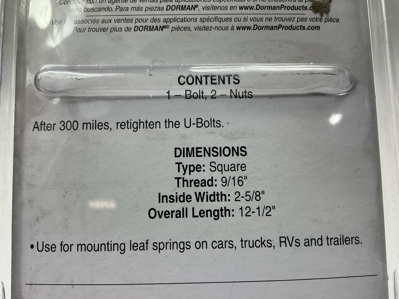 Dorman 35637 Leaf Spring U-Bolt Kit 9/16''-18 X 12-1/2'' X 2- 5/8''